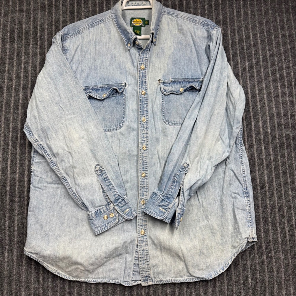 Cabela's Denim Shirt 2XL Tall Light Blue Embroidered Back Graphic 90-1188 (2266)